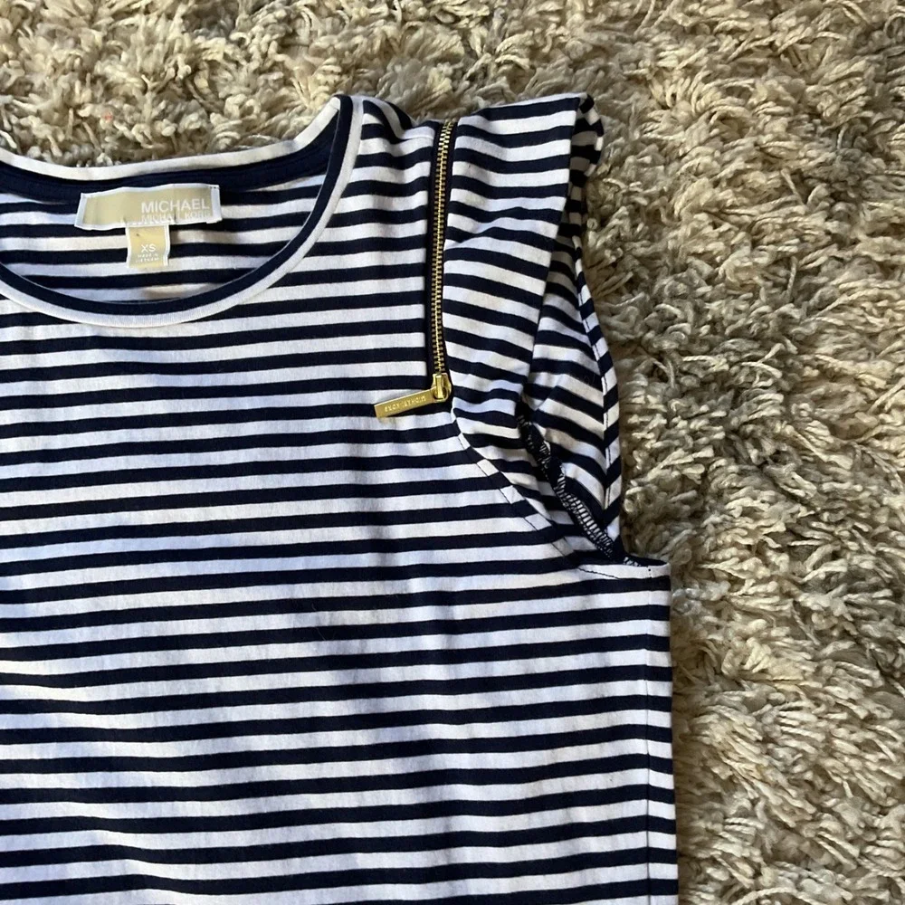 Michael Kors Navy White Striped Ruffle Sleeve Zipper Accent Shift Dress‎ XS